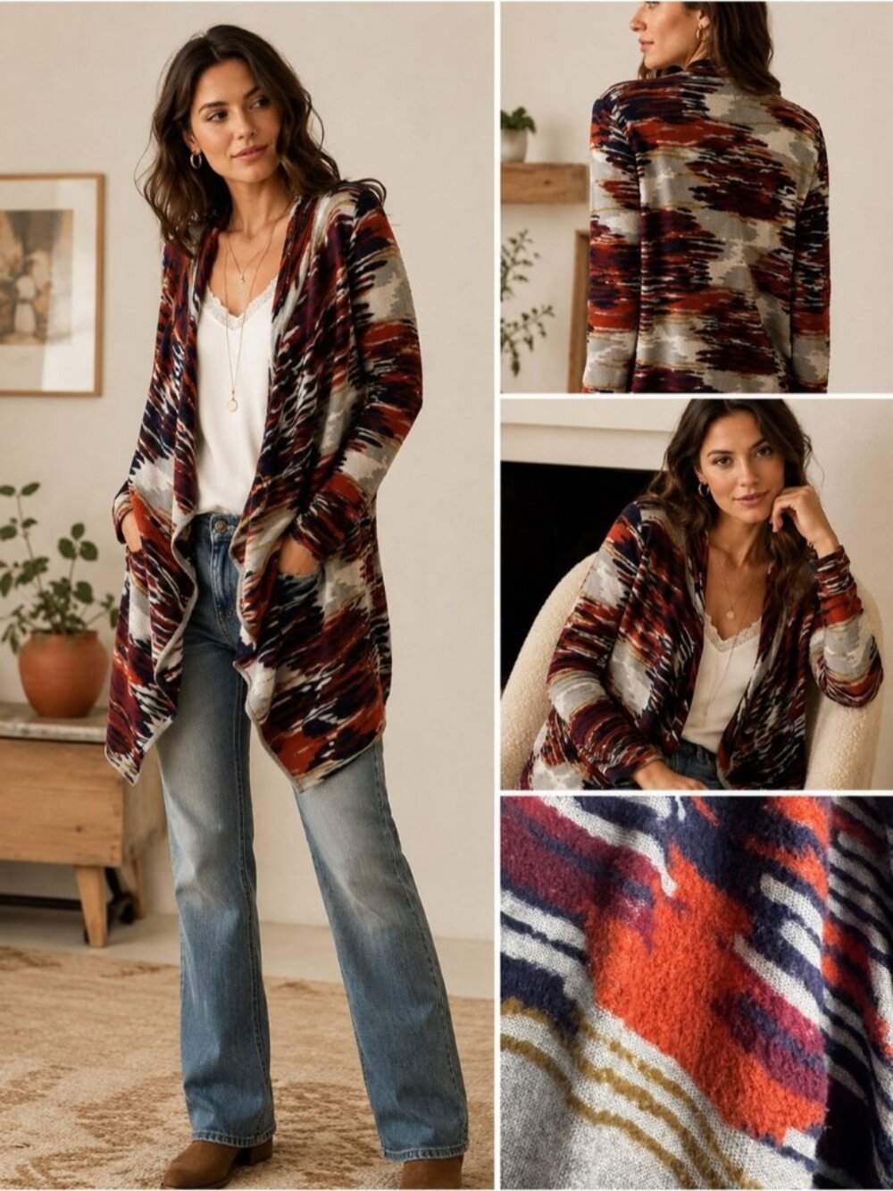 Lucky Brand Boho Open Cardigan Knit S Orange Navy Grey Western Fall Layering
